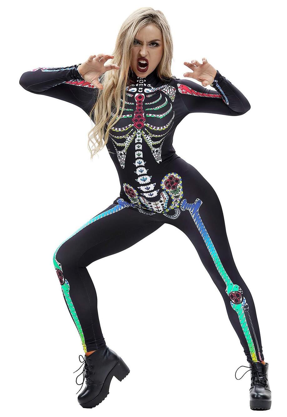 8296 Skeleton Halloween Costume Catsuit Bodysuit Cosplay Jumpsuits BAX015 M